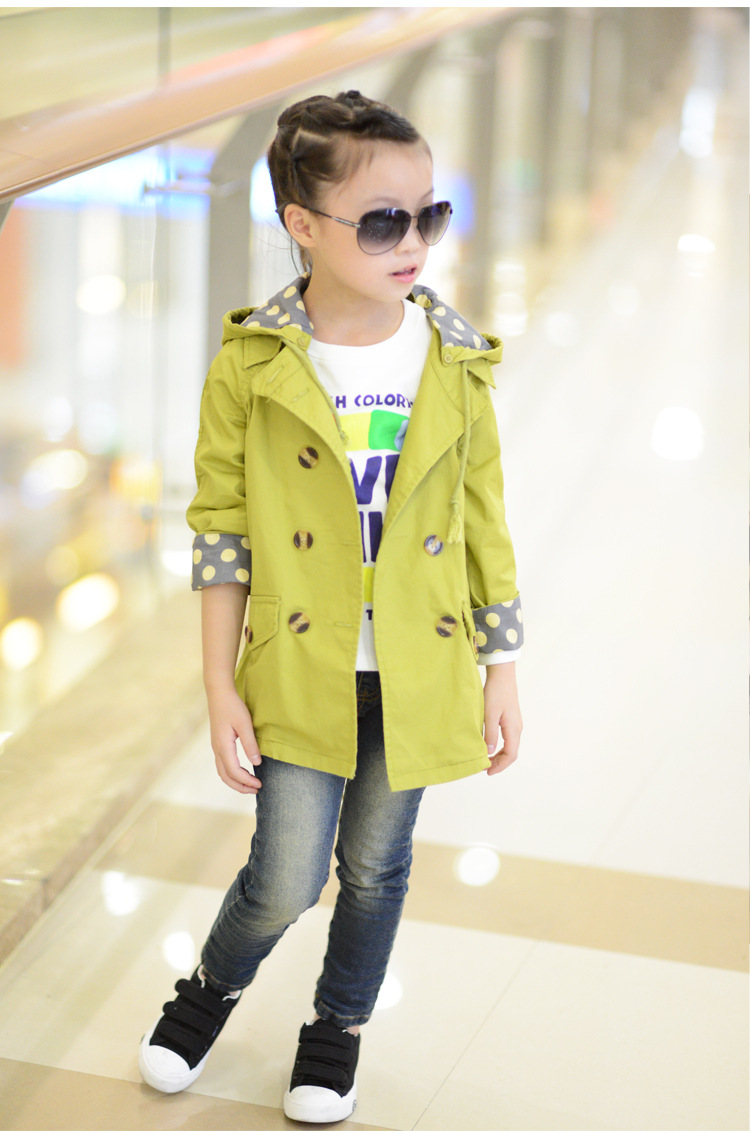【秋装新款 全棉休闲<em>女童</em>带帽中长款<em>风衣外套</em>