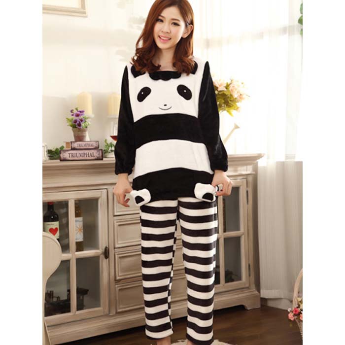 冬季新款女保暖<em>睡衣套装</em>可爱<em>卡通</em>熊猫家居服黑