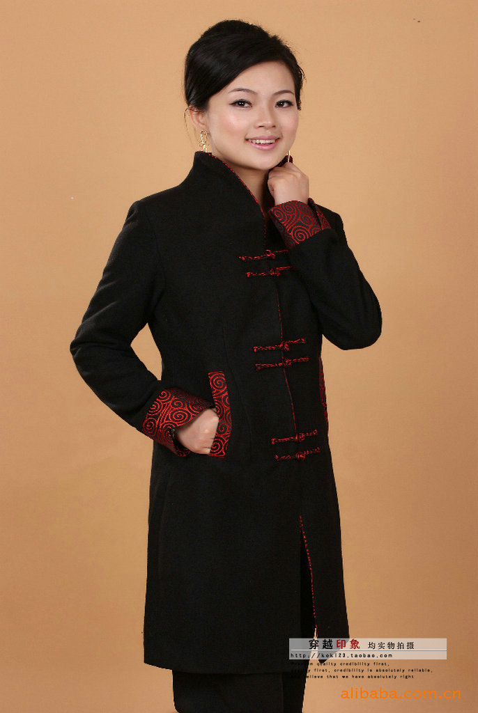 中式服装<em>女式秋装</em>长款<em>上衣</em>女士唐装羊毛尼<em>外套</em>