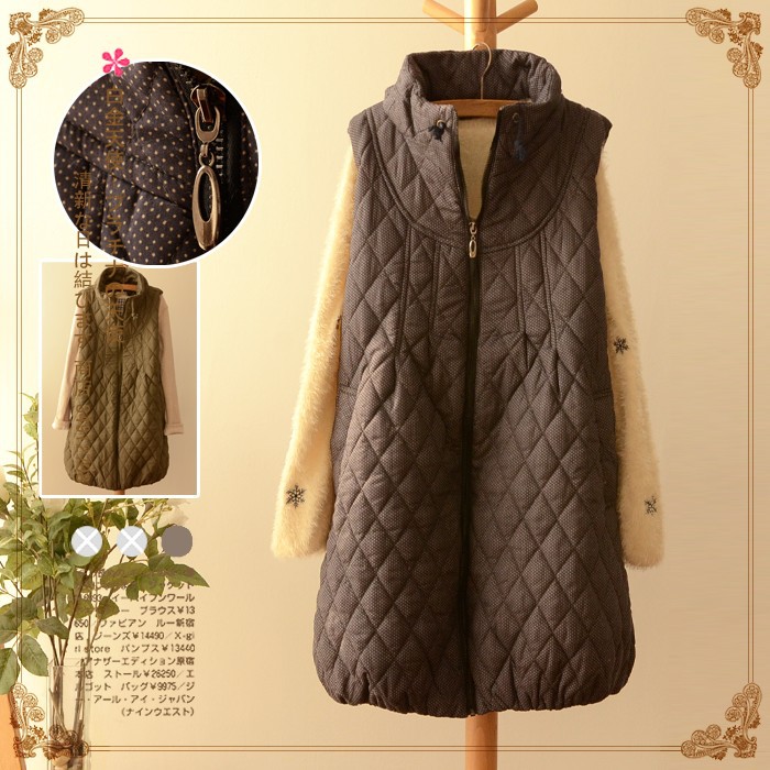 日系森女系 立领点点加厚<em>中长款棉衣马甲</em> 秋冬