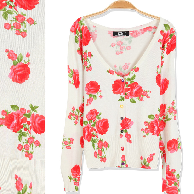 2013秋季韩版瑞丽 彩绘<em>印花</em> 玫瑰花图案<em>开衫</em> 女