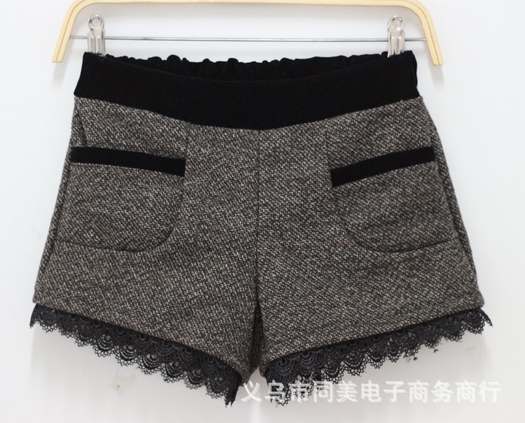 【秋冬新款韩版<em>格子</em>钩花毛呢<em>短裤</em>冬<em>女士短裤</em>修