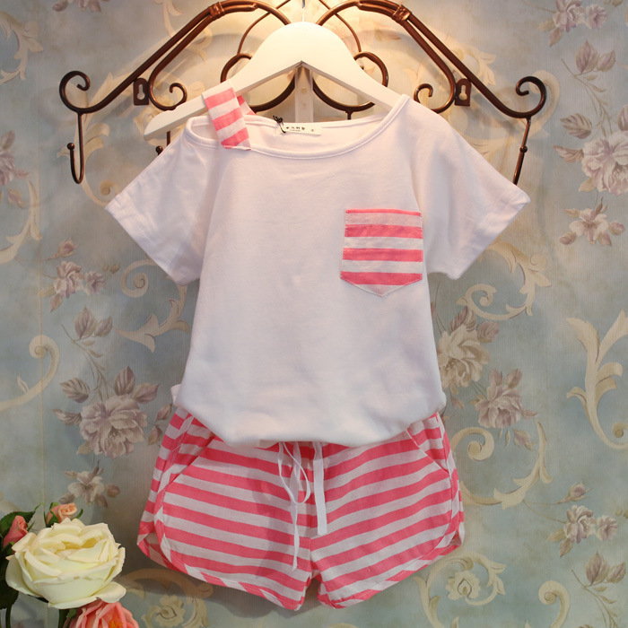 佳来尔 夏装新款女童小<em>清新</em>条纹<em>短裤休闲</em>套装
