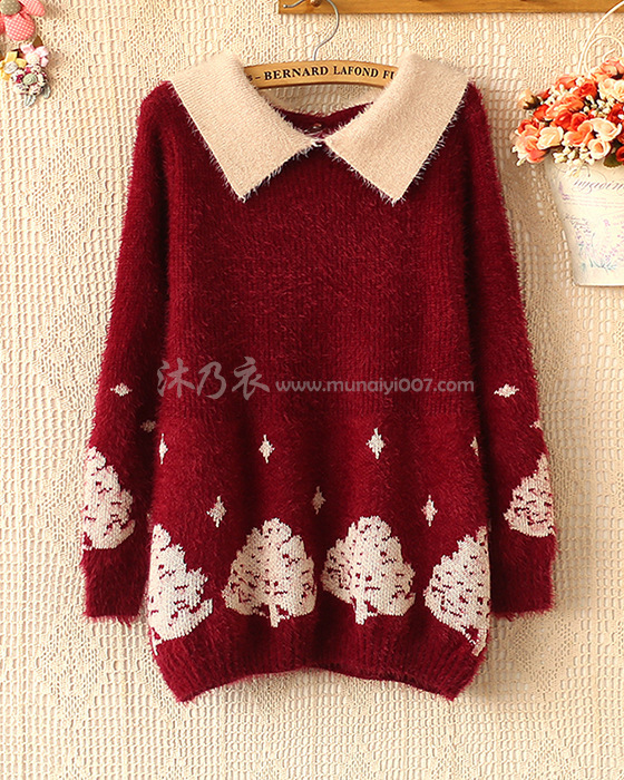 2014秋冬新款女装甜美翻领<em>树叶</em>提花套头<em>针织</em>