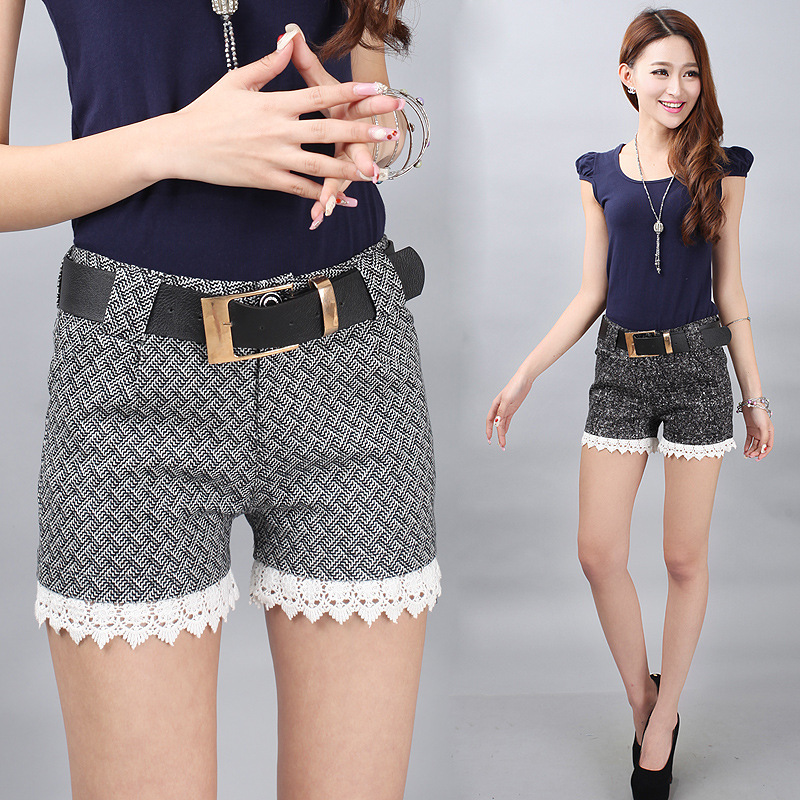 新款韩版潮流时尚百搭<em>修身</em>蕾丝<em>格子短裤</em>(赠腰