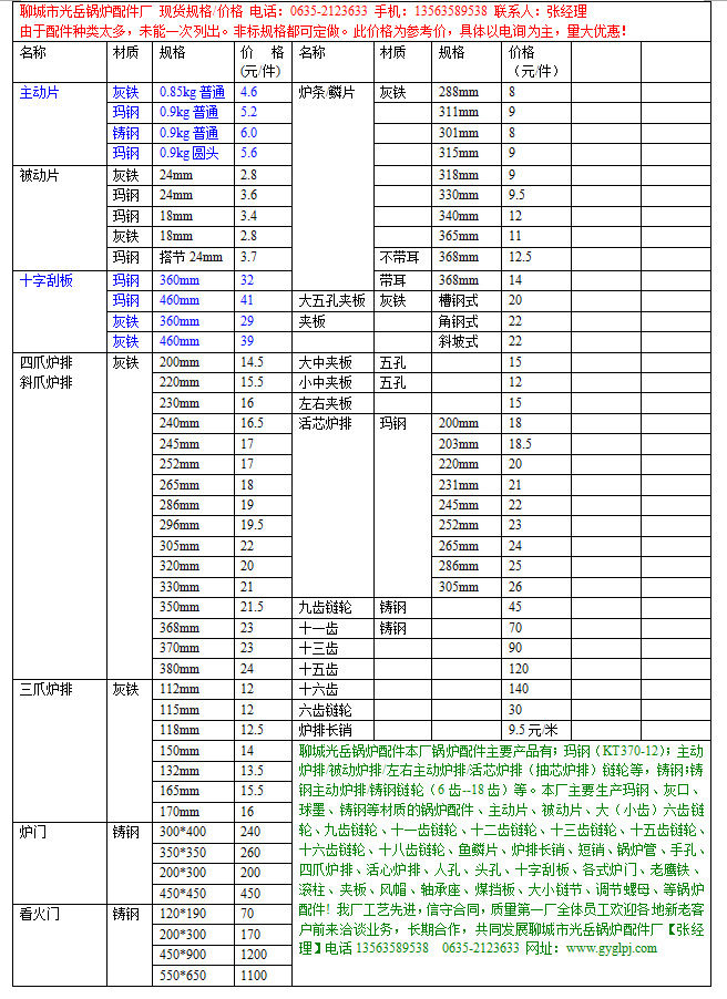 價格表