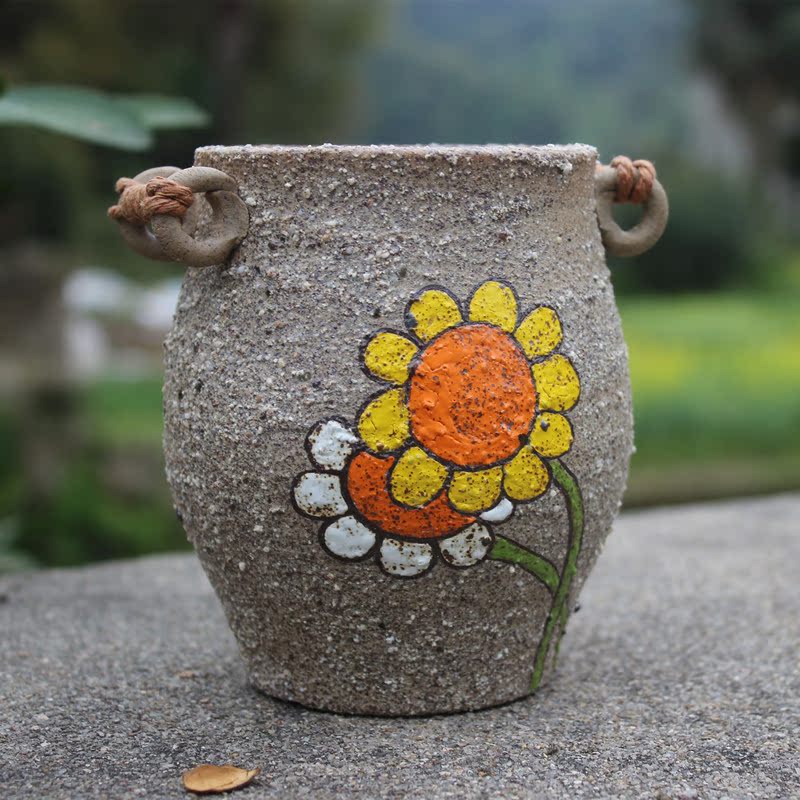 手工多肉编绳花盆 多肉花器批发 手绘粗陶系花