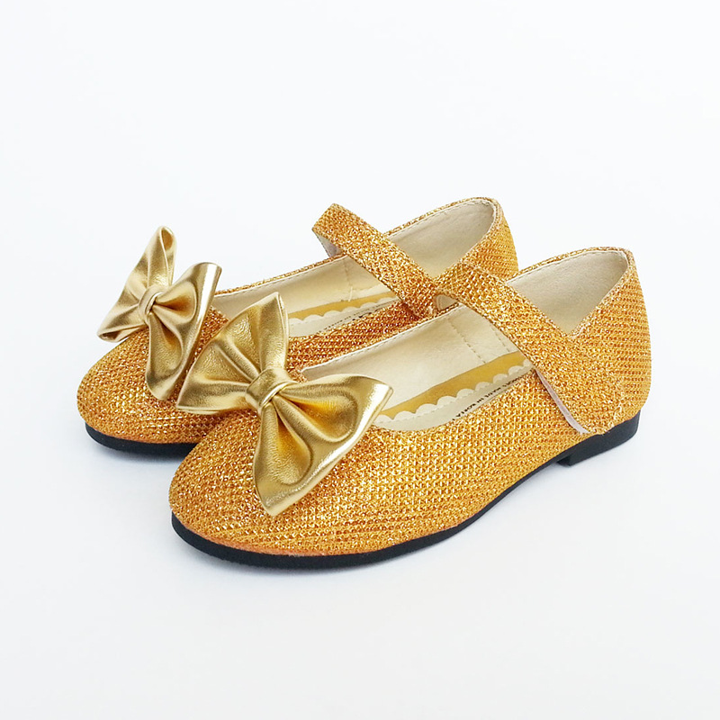 精致金色韩版女童鞋 魔术贴鞋搭中小女童鞋 蝴蝶结公主女童单鞋