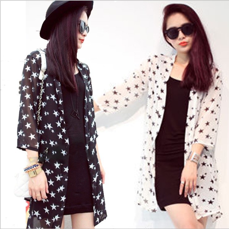 14春季新款 韩版 星星宽松中<em>长款开衫 防晒衣</em> 