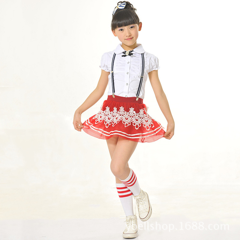 夏季儿童白衬衣红短裙蝴蝶领结校服女童演出服