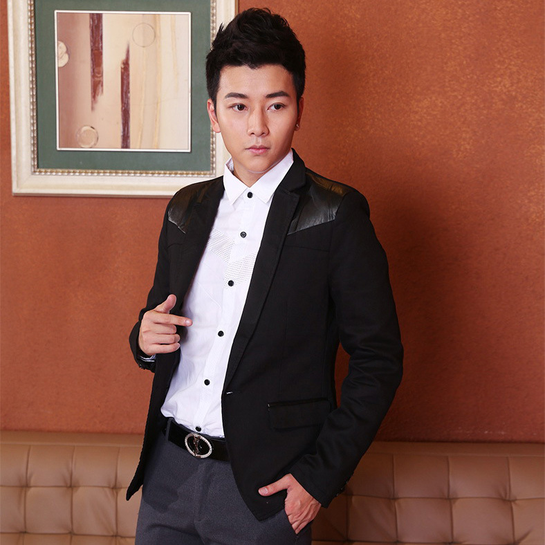 劳伦 春装新款2014西装<em>男外套</em>PU皮拼接小西服