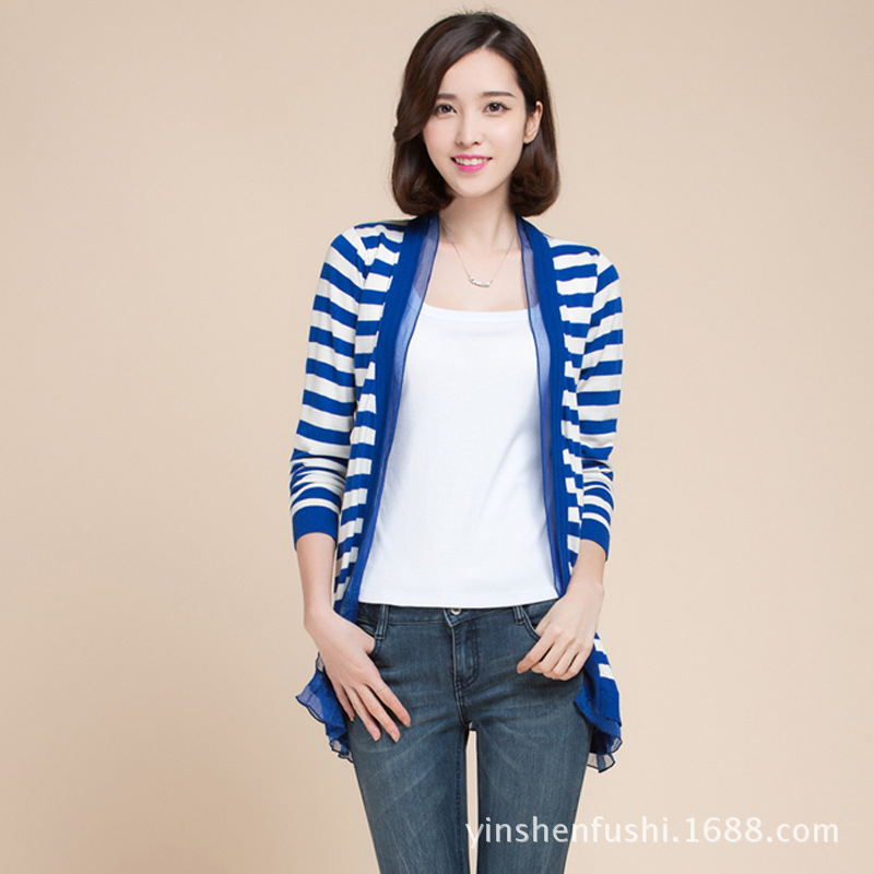 2014秋季<em>新款</em>女装韩版<em>中长款条纹针织</em>衫<em>女开</em>