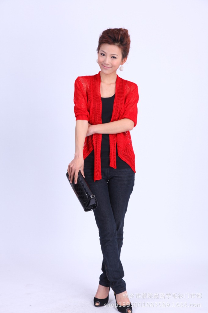 批发采购<em>女式</em>针织衫-中袖<em>圆摆</em>针织<em>开衫</em>镂空批