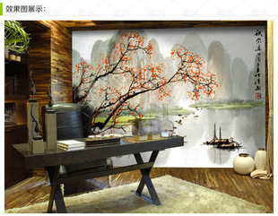 电视墙书房卧室背景 中式无缝壁纸墙布大型壁画 中式国画秋染漓江
