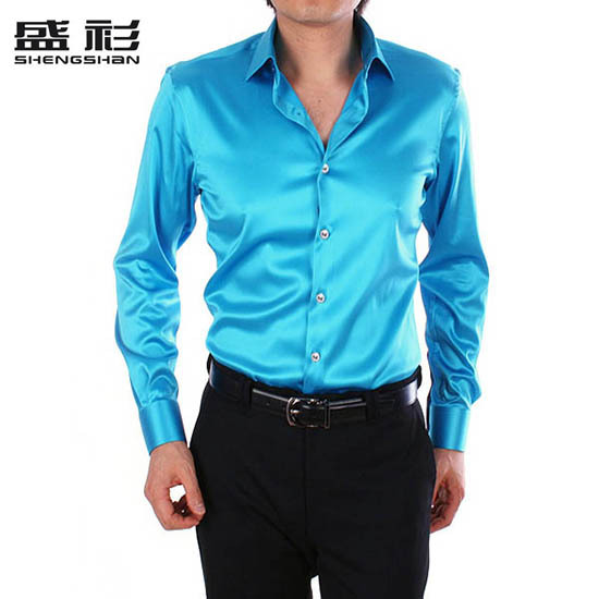 纯色仿真丝男士衬衫长袖 湖蓝色商务男士搭配