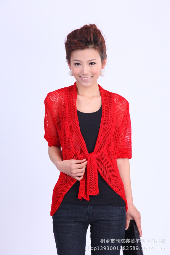 批发采购<em>女式</em>针织衫-中袖<em>圆摆</em>针织<em>开衫</em>镂空批