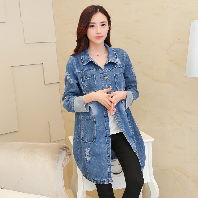 507#<em>秋装</em>新款<em>牛仔外套</em>女中<em>长款</em>韩版大码女装