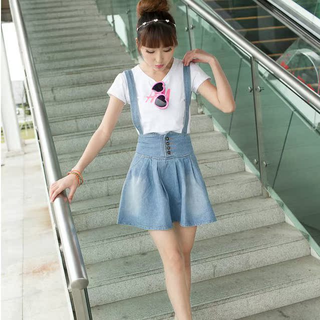 2014春夏装新款 女装牛仔<em>背带</em>裙 韩版半身裙 休