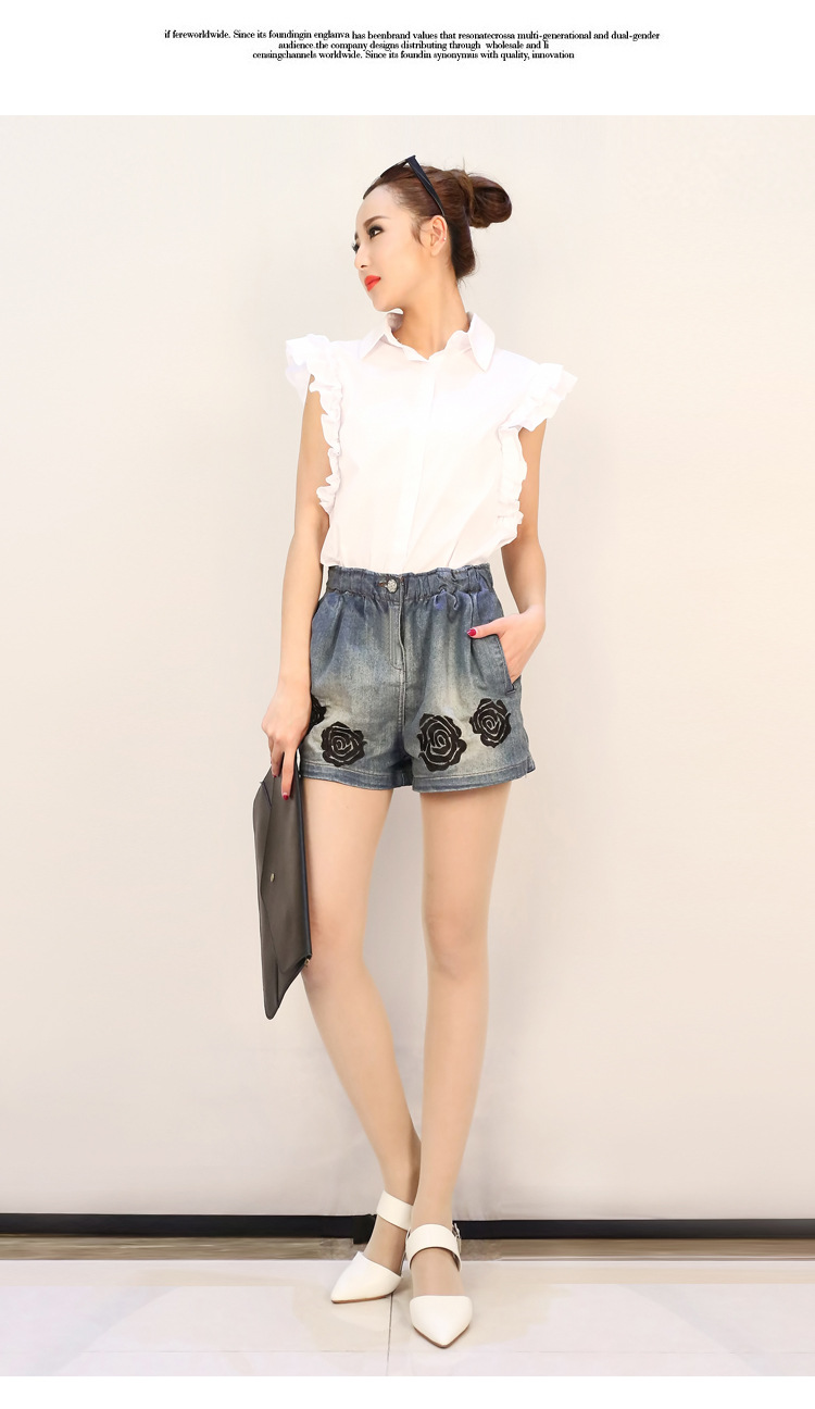 2014夏韩国代购<em>玫瑰花刺绣</em>百搭牛仔<em>短裤</em>复古