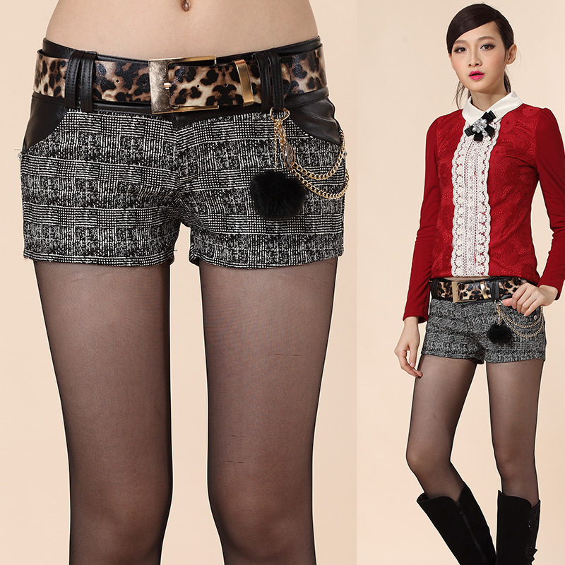 早春新款英伦格子靴裤女款拼接<em>超短裤PU</em>皮显