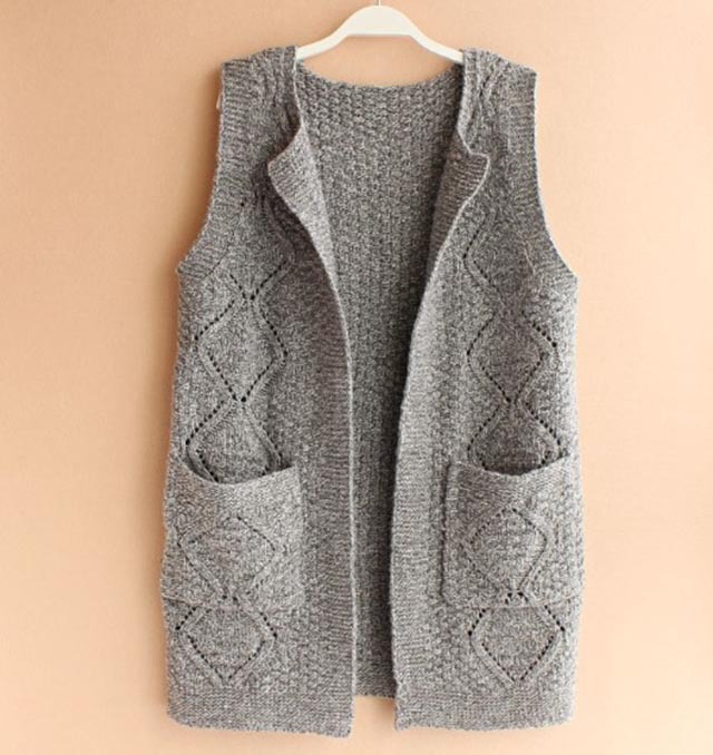 2014 新款<em>毛衣</em> 韩版复古菱格<em>长款</em>无袖毛线<em>开衫</em>