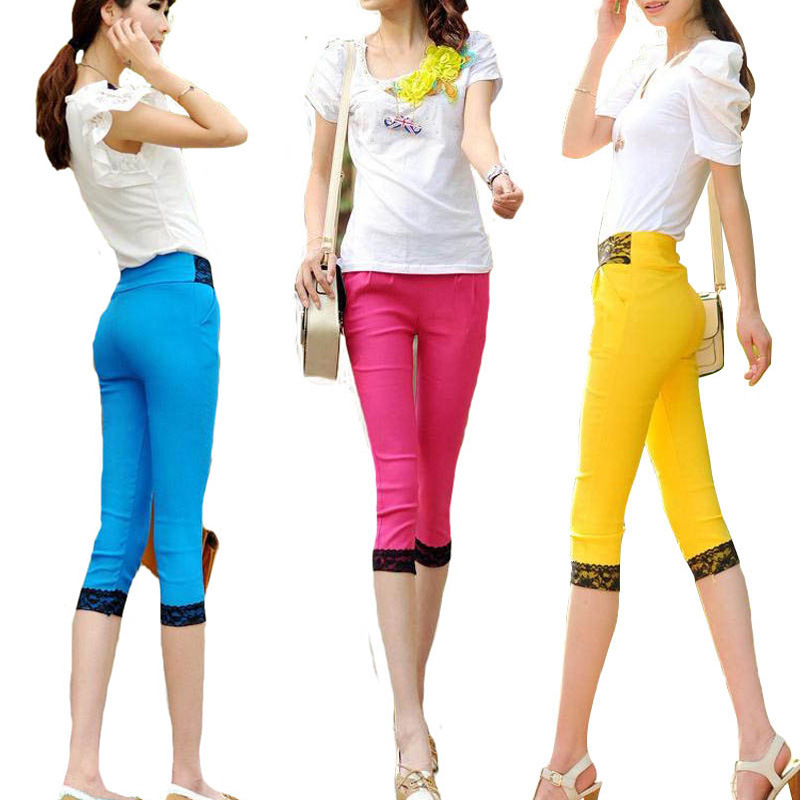 夏季新款糖果色铅笔裤 <em>女 打底裤</em> 夏显瘦蕾丝花