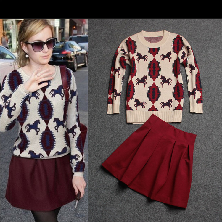 2014秋冬欧美明星周迅街拍撞色<em>针织</em>小马圆领