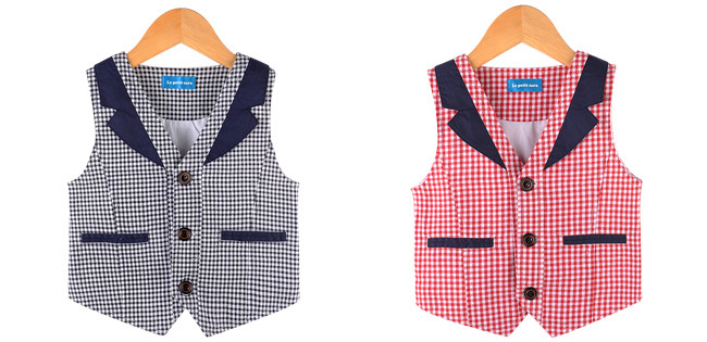 卡哇伊B2014春款V领小格子男童<em>马甲</em> 童装<em>批发</em>