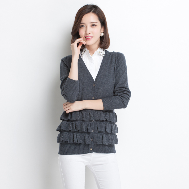 2014新款甜美女士<em>长袖</em>针织<em>外套</em> V领蛋糕<em>叠</em>边