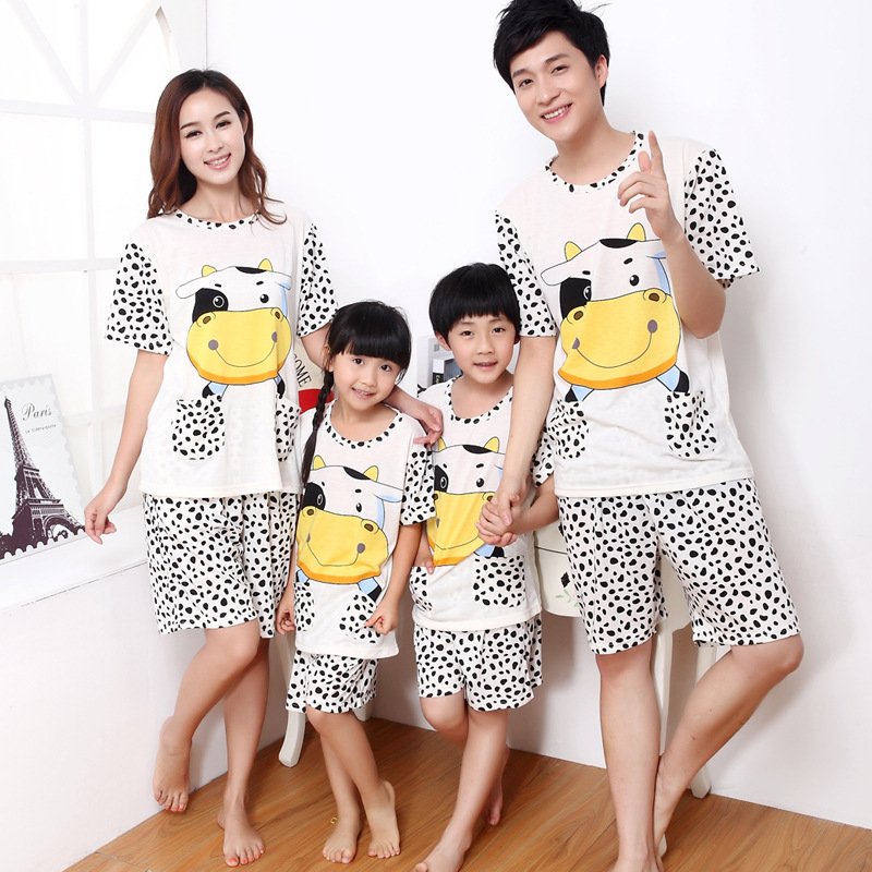 2014<em>夏季</em>短袖棉质亲子卡通<em>奶牛</em>圆领<em>睡衣</em>母女