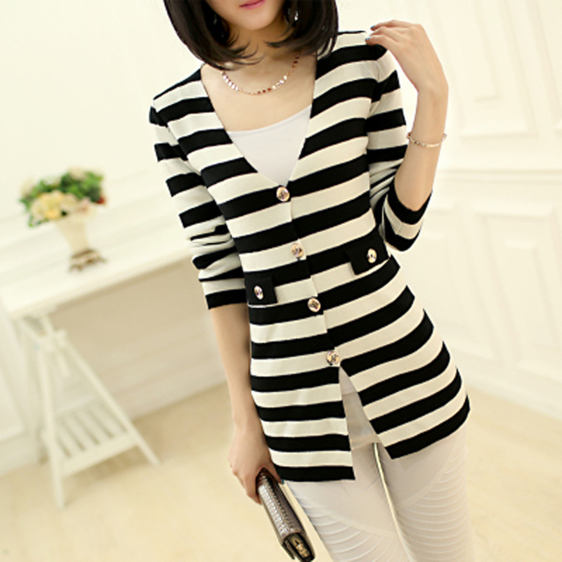 优质版 欧洲站 2014<em>秋款开衫长袖针织衫</em>条纹毛