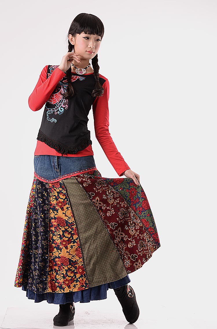 骨朵2014春装民族风女装新款<em>棉麻</em>拼接<em>半身长</em>