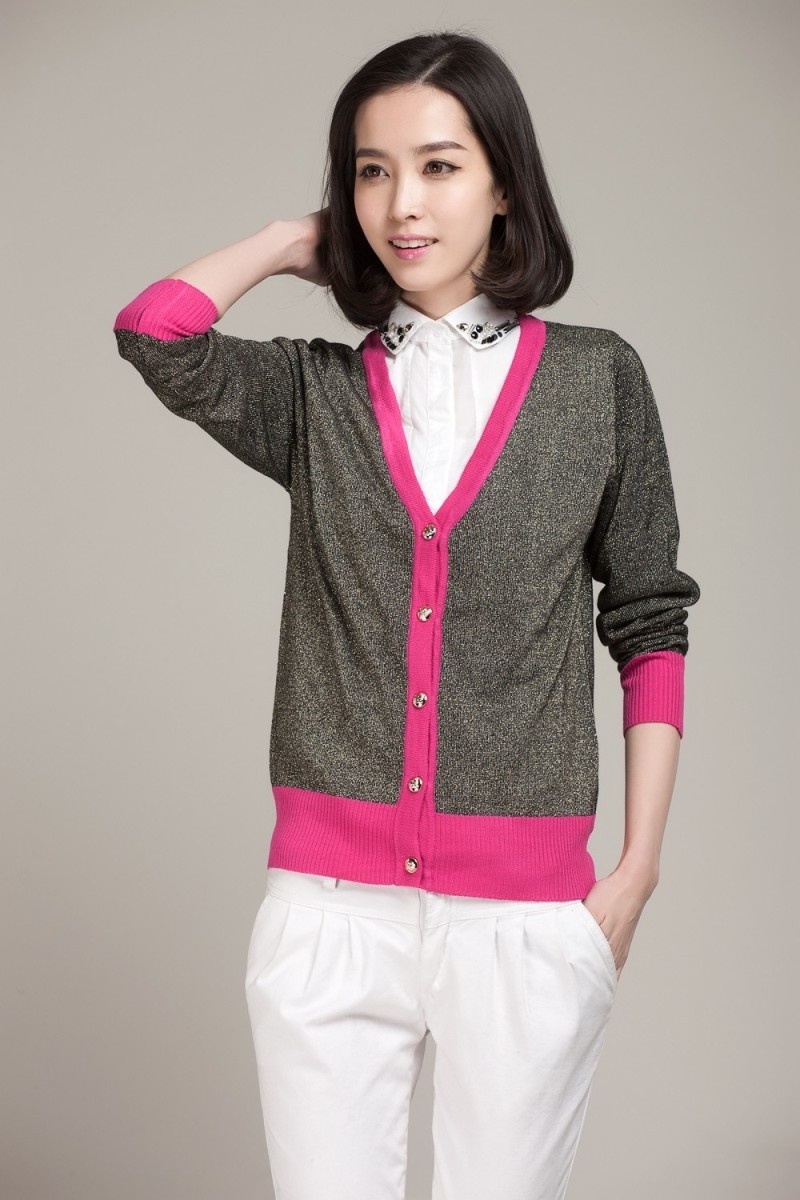 2014春季新款女装 韩版V领金银丝长袖针织开