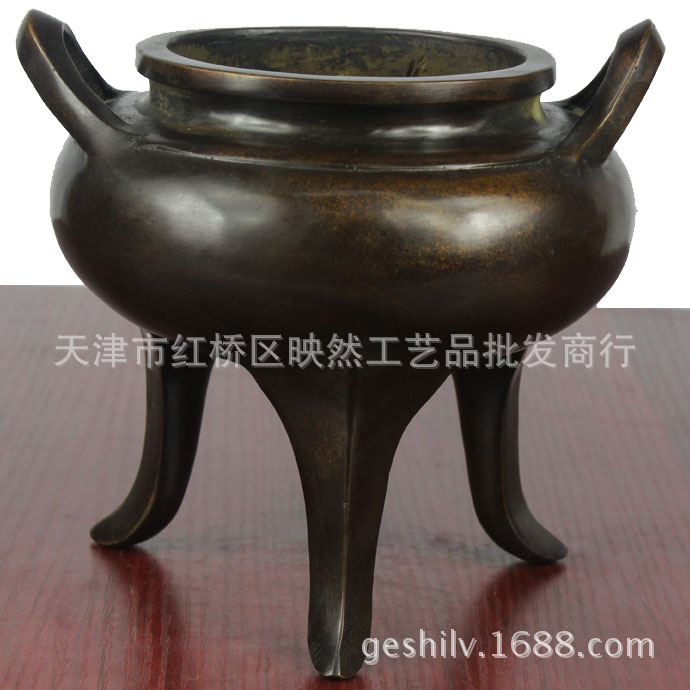 宇卓 古董古玩收藏高腿双耳方形铜香炉 纯紫铜高腿香炉佛堂摆件