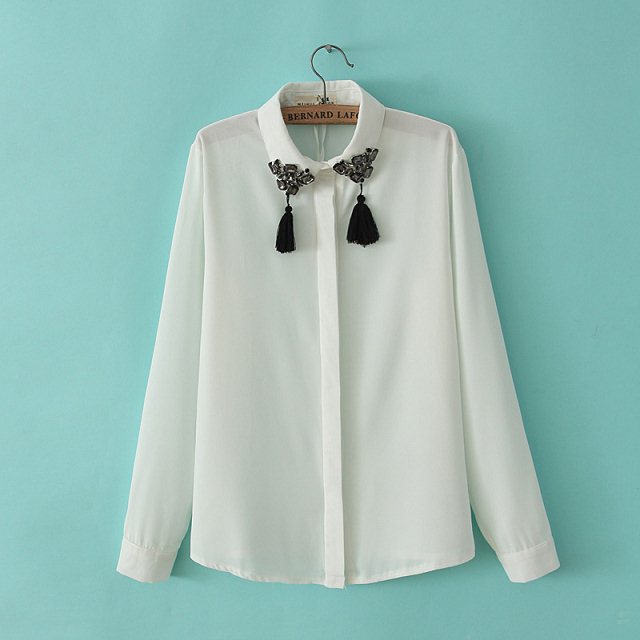 2014<em>春季女装新款衬衫</em> 带流苏领钉珠领衬衫 O