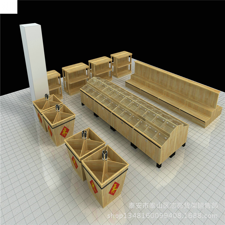 供应粮食柜玻璃展示架 喷漆货架米斗货架 加工实木货架