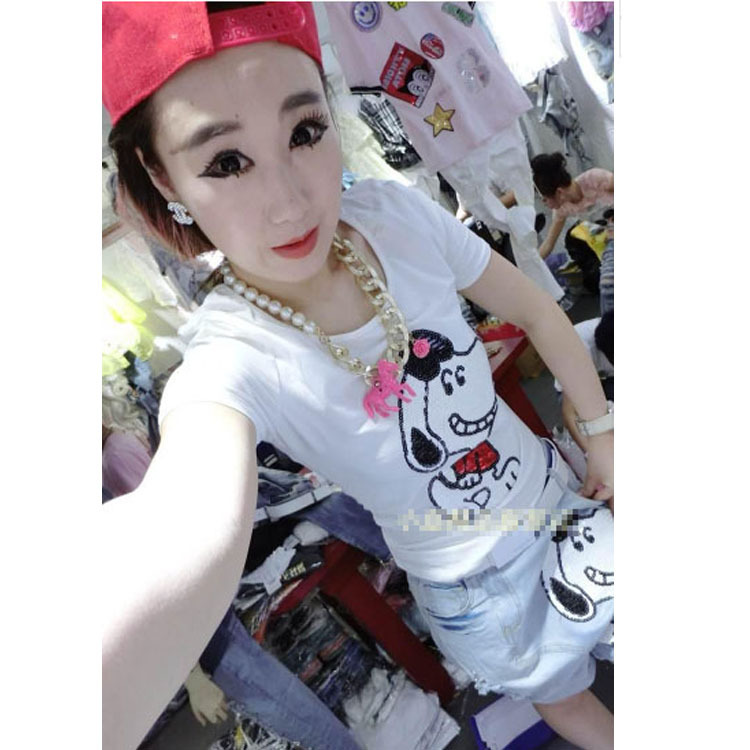 欧洲站2014<em>亮片</em>卡通图案短袖T桖+牛仔<em>短裤</em> 套