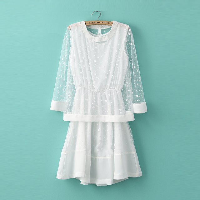 Z-2014春季欧美白色波点蕾丝罩衫范冰冰同款