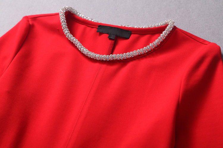 批发采购连衣裙-镶钻圆领中袖红色修身气质连