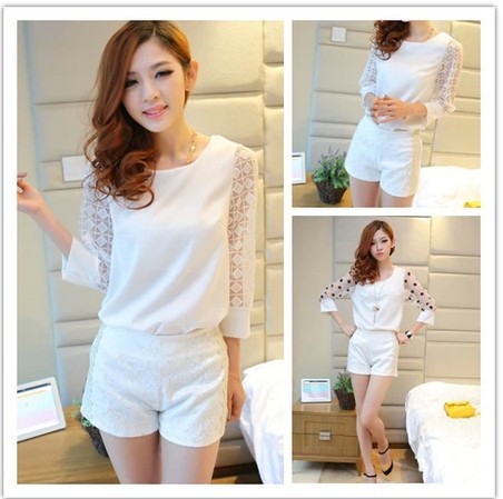 2014春装欧根纱雪纺打底衫<em>七分</em>袖<em>上衣</em>蕾丝花
