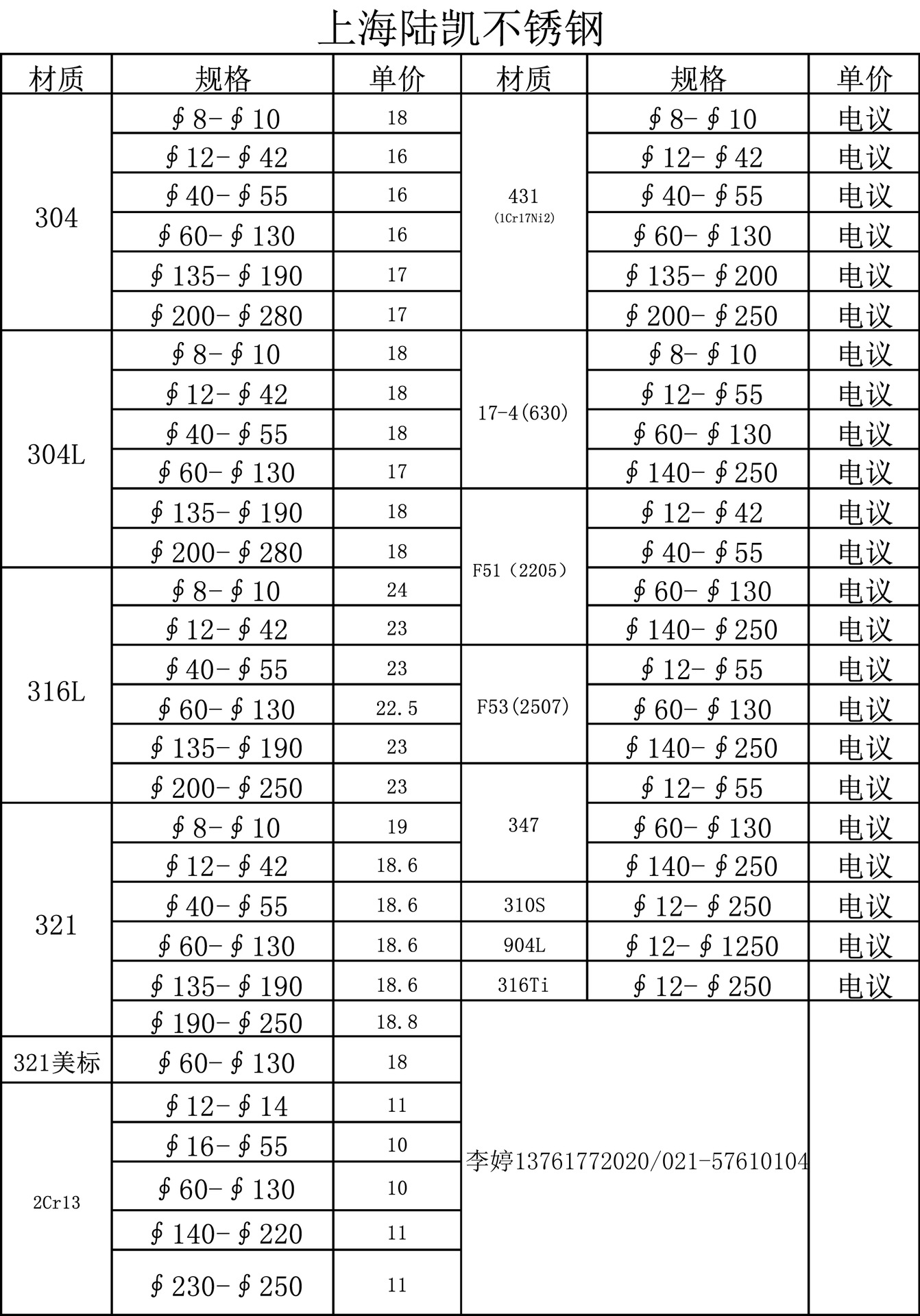 不锈钢棒规格及报价表