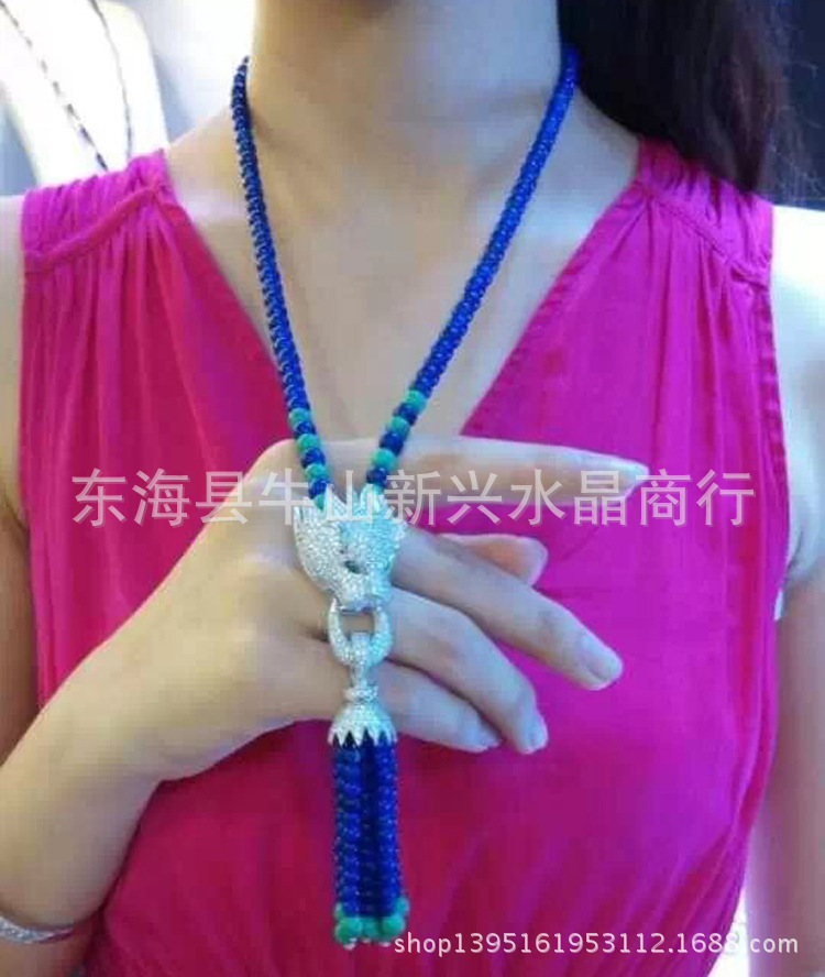 新兴水晶 纯天然<em>青金石</em>挂链 <em>毛衣链</em> S925纯银