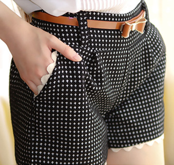 2014<em>秋冬短裤女</em> 高腰<em>松紧</em>腰短裤 千鸟格花边毛
