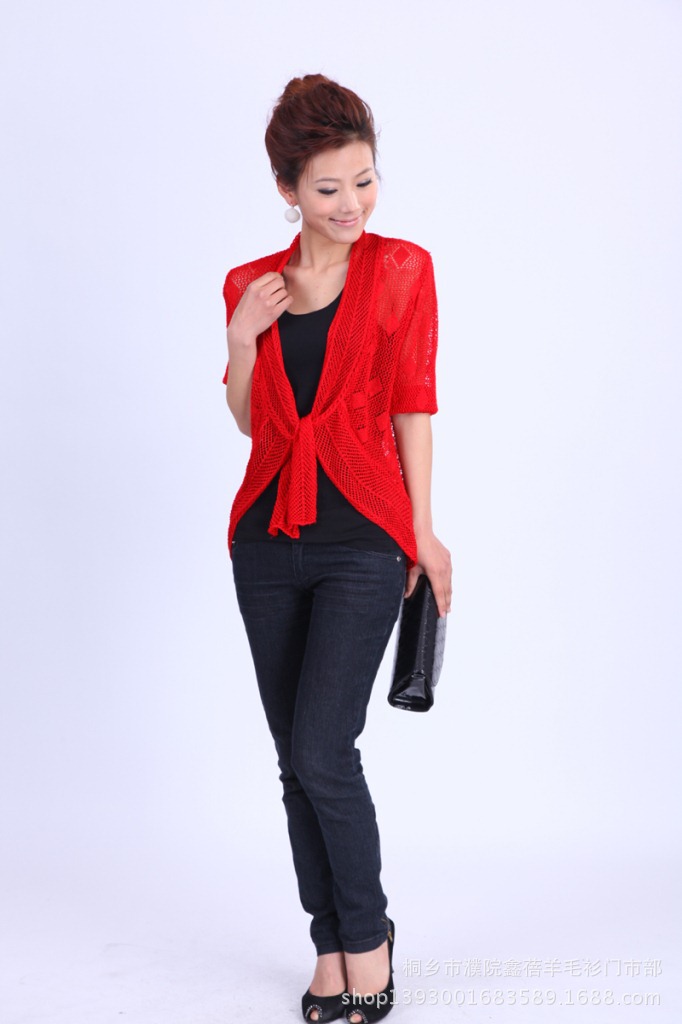 批发采购<em>女式</em>针织衫-中袖<em>圆摆</em>针织<em>开衫</em>镂空批