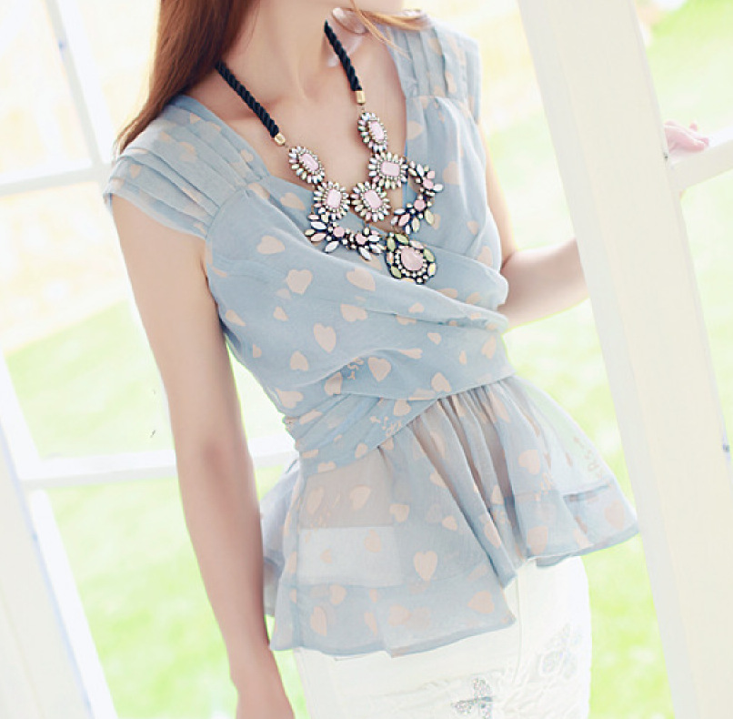 <em>雪纺</em>衫2014新款<em>女装春季</em>韩版爱心印花<em>雪纺</em>衫