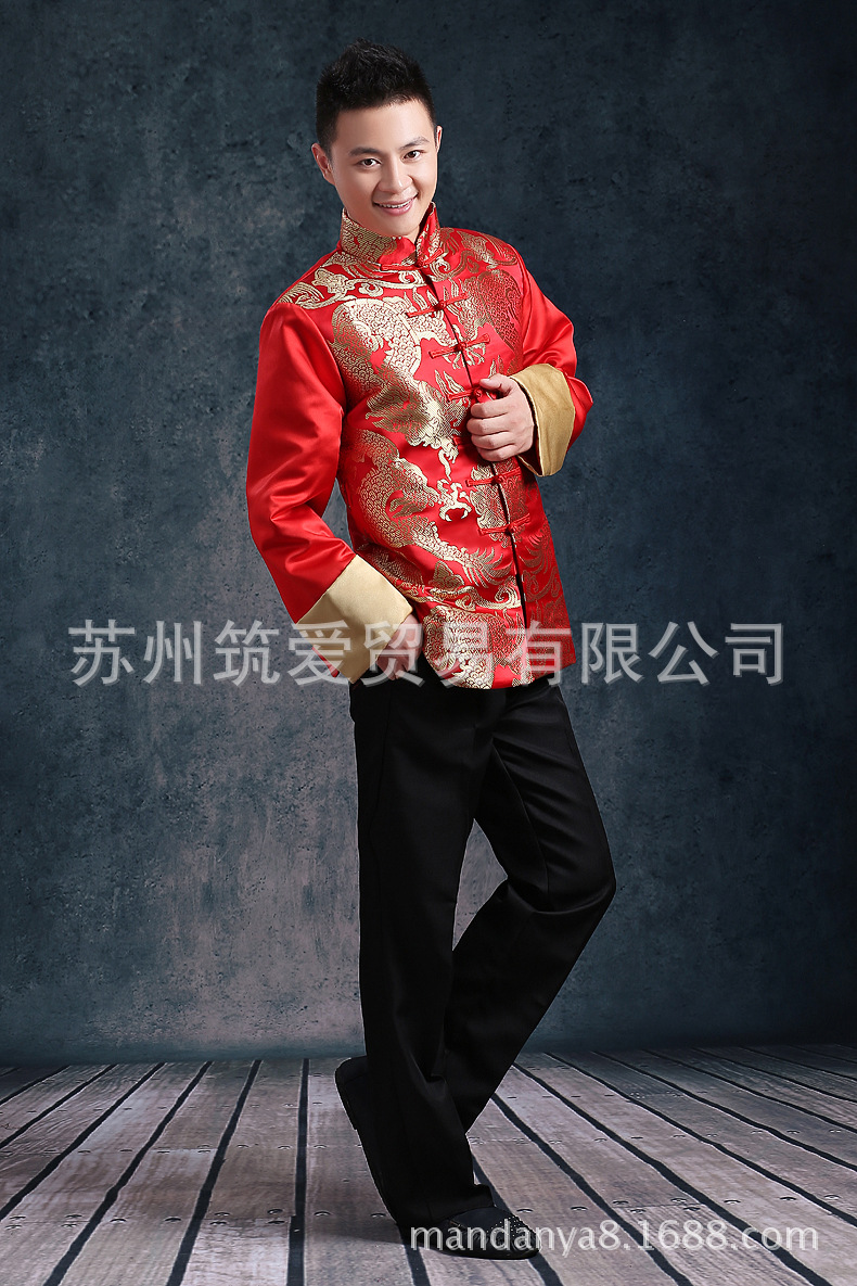 中式婚礼新郎长袖秀禾服男士唐装中山装红色结婚礼服古装喜服新款