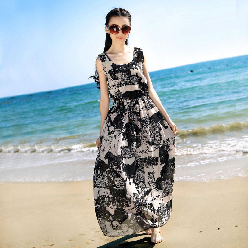 2014夏装波西米亚长裙海边雪纺连衣裙动物图