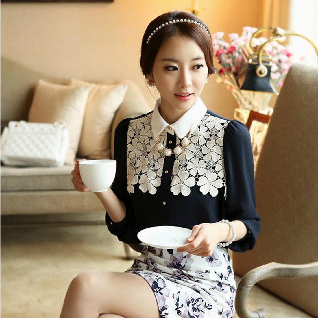 2014春装新款 <em>撞色</em>女装 <em>衬衫女</em> 长袖雪纺<em>衬衫</em> 