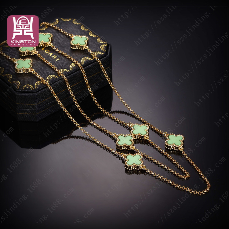 韩版钛钢12颗绿四叶草项链 超长女款项链饰品 双层混搭毛衣链