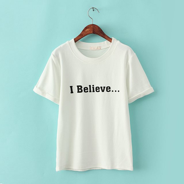 麦品库J1-133春装新款欧美短袖圆领I believe英